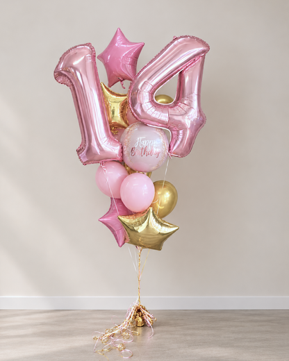 Baby Pink and Rose Gold Happy Birthday Helium Balloon Bouquet With Weight