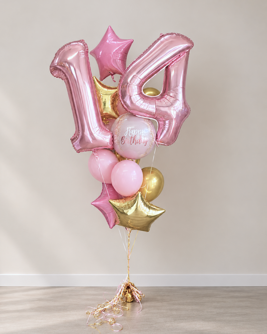 Baby Pink and Rose Gold Happy Birthday Helium Balloon Bouquet With Weight