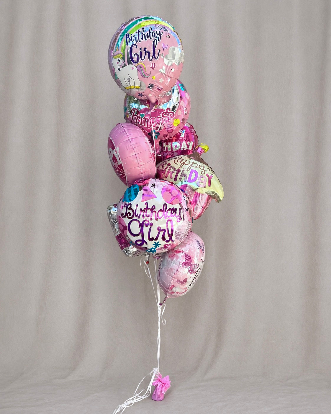 Happpy Birthday Pink Mixed Mylar 8 Balloon Bouquet With Weight