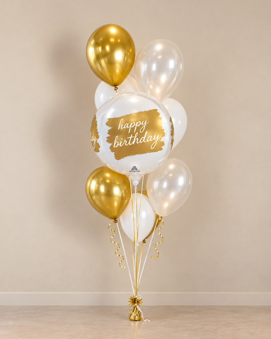 White And Gold 8 Balloon Bouquet With Helium And Weight