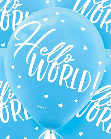 "Hello World" It's A Boy Baby Blue 12" Latex Balloon With Helium