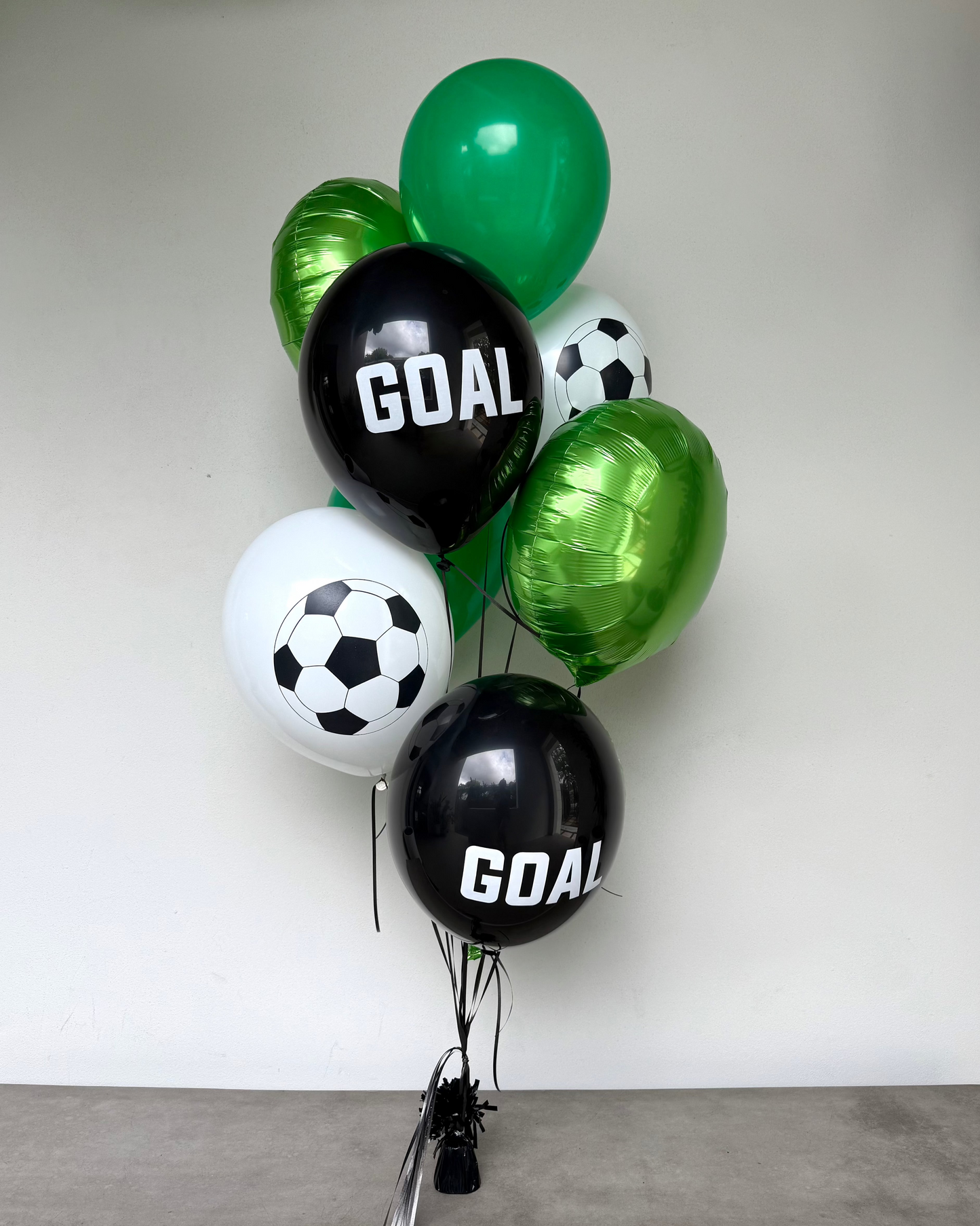 Green Black and White Soccer Helium Foil and Latex Balloon Bouquet With Weight
