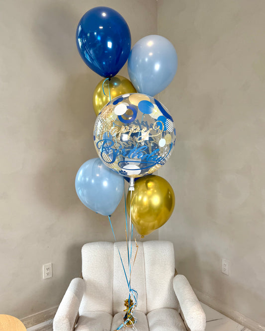 Giant Bubble Balloon Happy Birthday Bouquet With 6 Blue and Gold Balloons With Weight