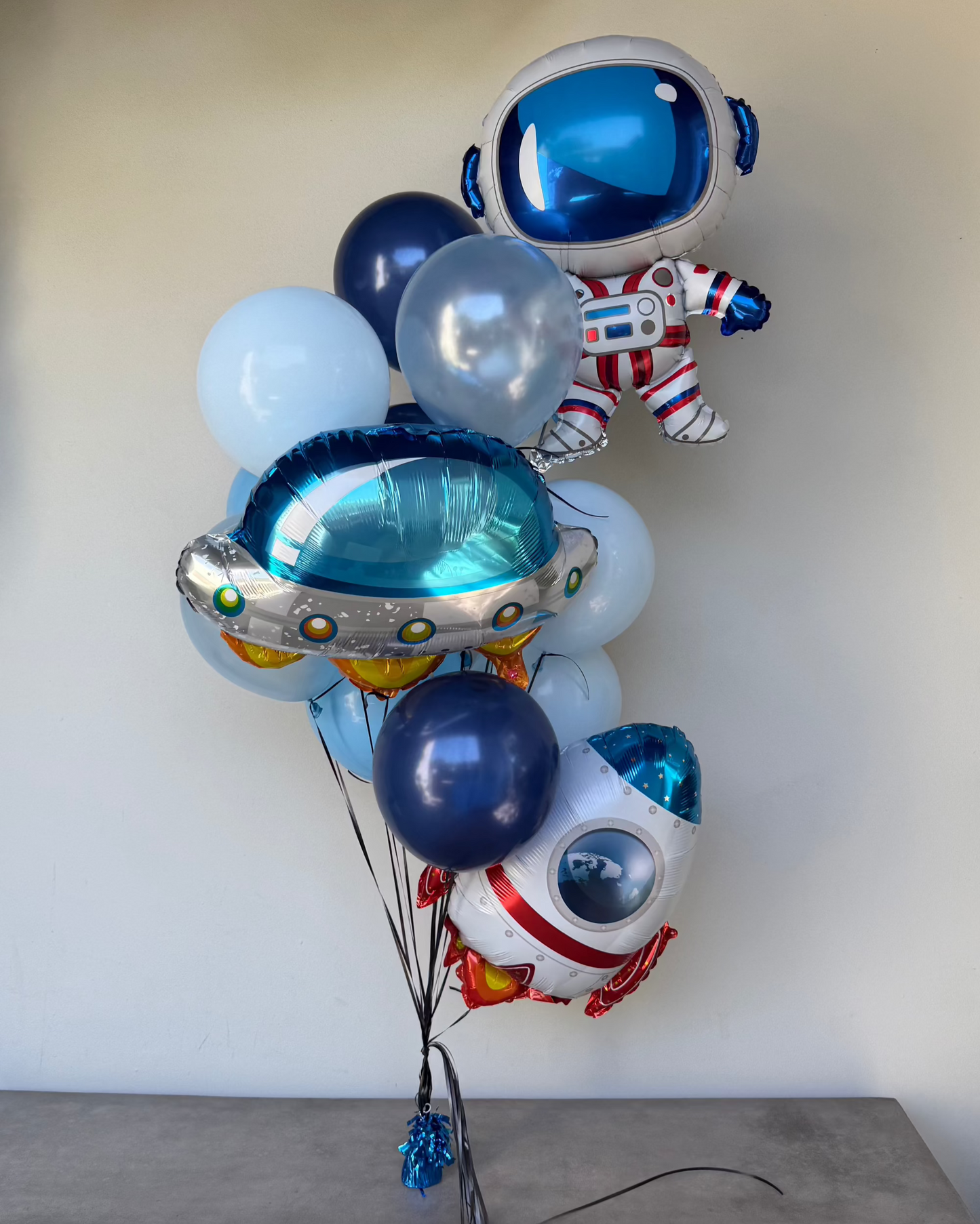 Giant 30" Astronaut, UFO, Rocket Blue Helium Balloon Bouquet With Weight