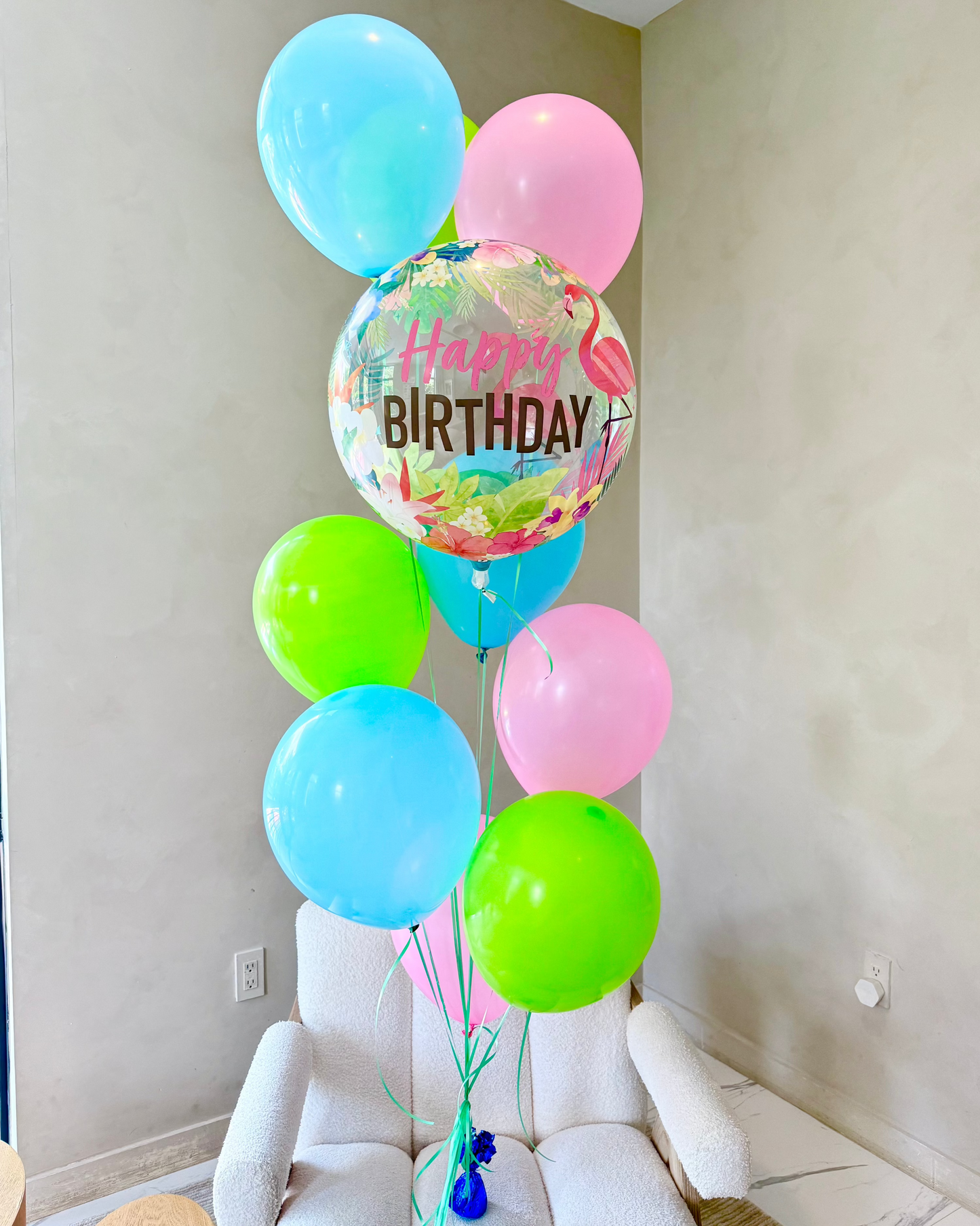 Miami Vice Tropical Flamingo Happy Birthday Helium Balloon Bouquet With Weight