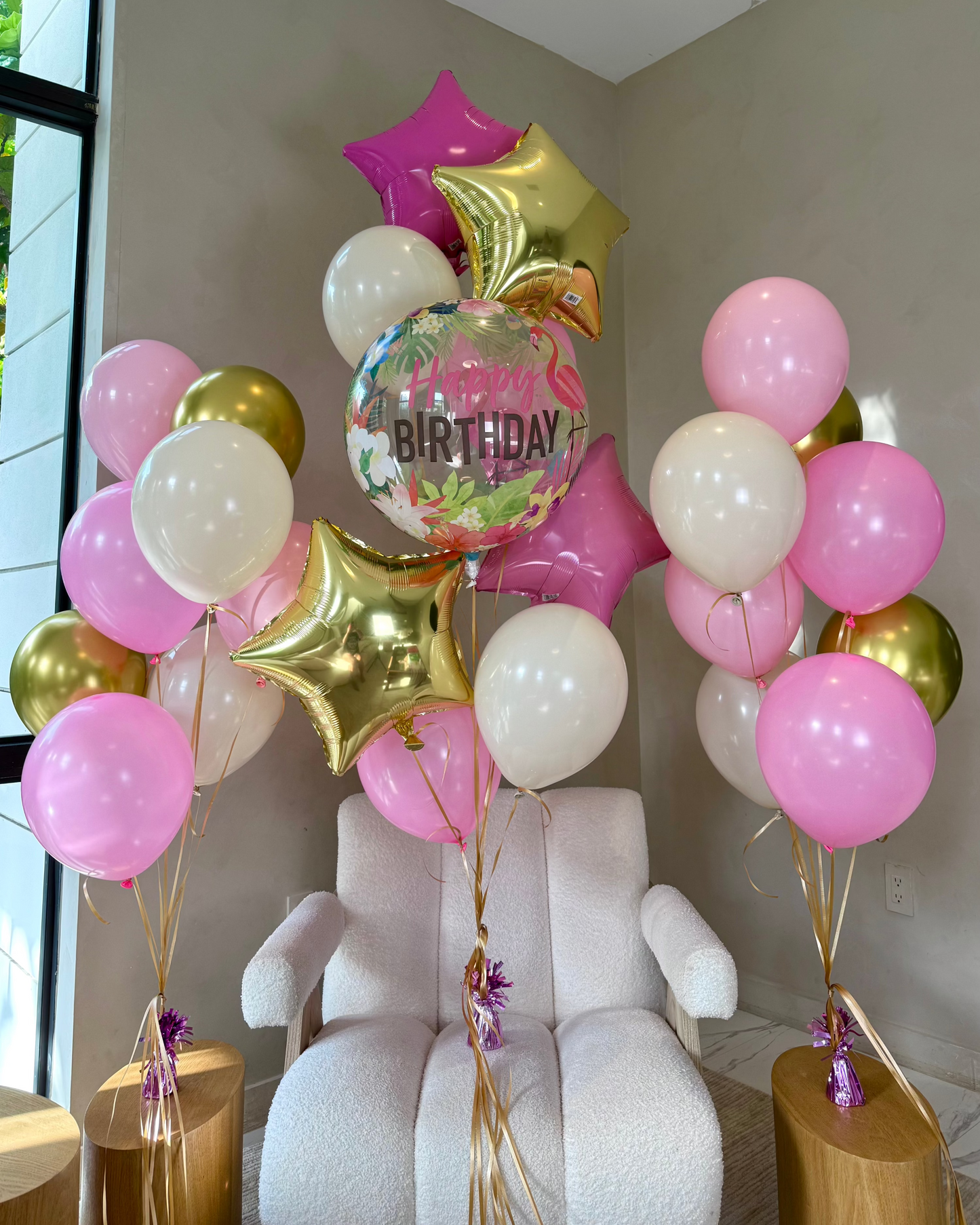 Pink And Gold Stars Happy Birthday Flamingo Bubble Helium Balloon Bouquets With Weights