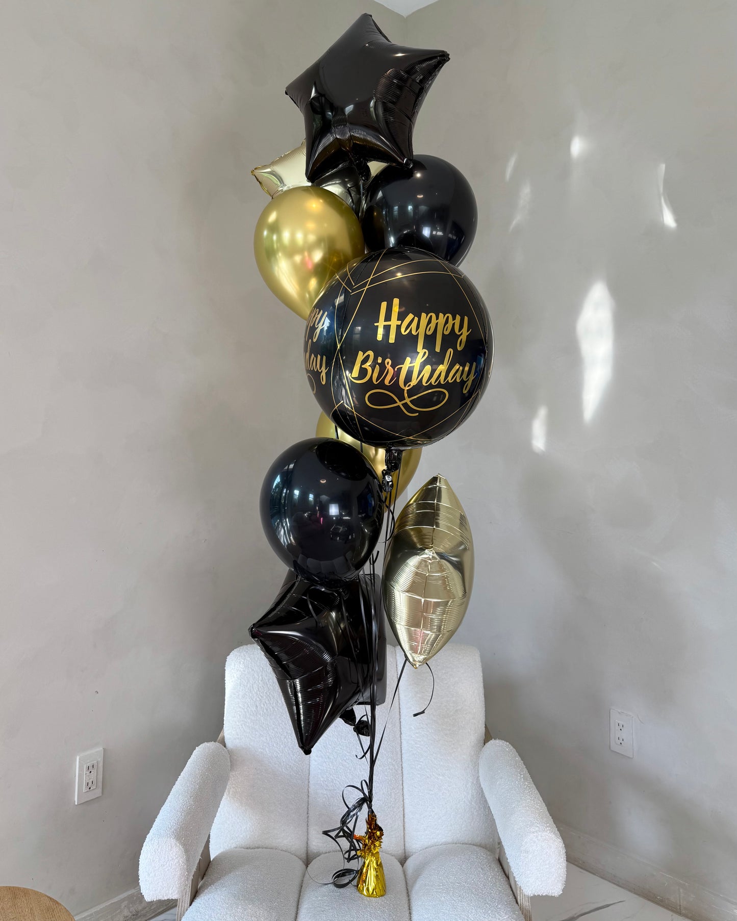 Black Gold and Stars Happy Birthday 24" Giant Orbz Helium Balloon Bouquet With Weight