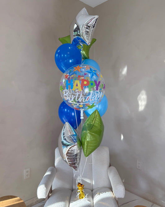 Green Blue and Silver Stars Happy Birthday Helium Balloon Bouquet With Helium and Weight