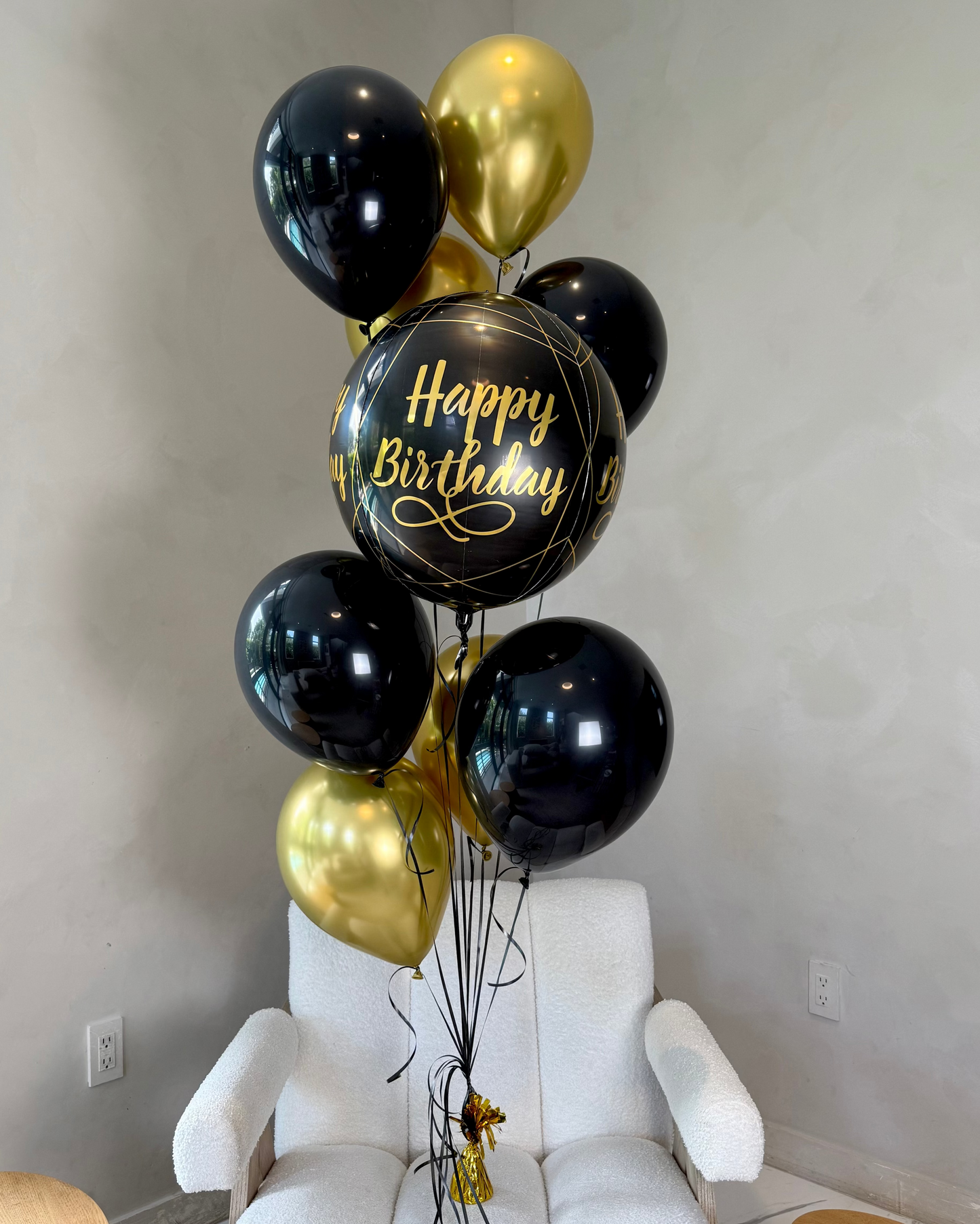 Black and Gold Happy Birthday Giant Orbz Balloon Bouquet With Helium and Weight