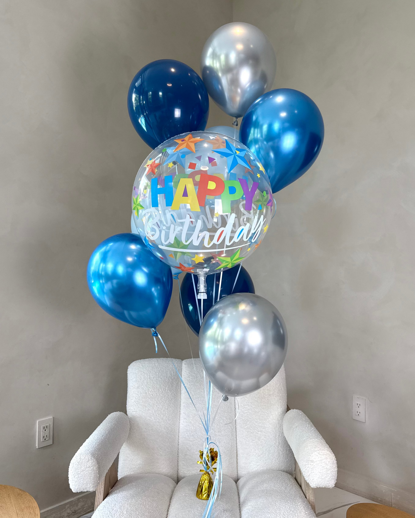 Giant Happy Birthday Clear Helium Balloon Bouquet With Blue and Silver Balloons And Weight