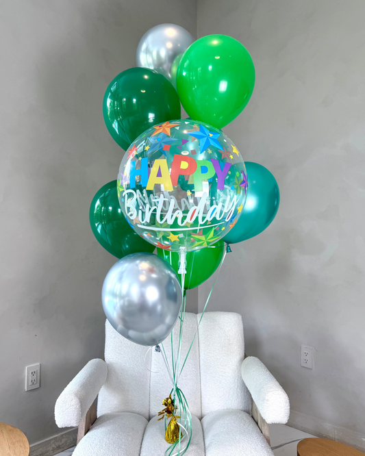 Happy Birthday Clear Orb Helium Balloon Bouquet With Green and Silver Balloons And Weight