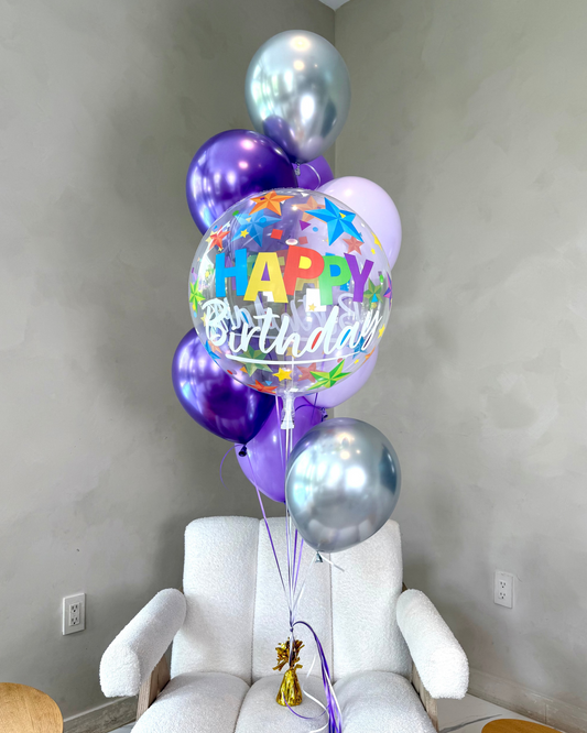 Happy Birthday Clear Orb Helium Balloon Bouquet With 6 Purple and Silver Balloons and Weight