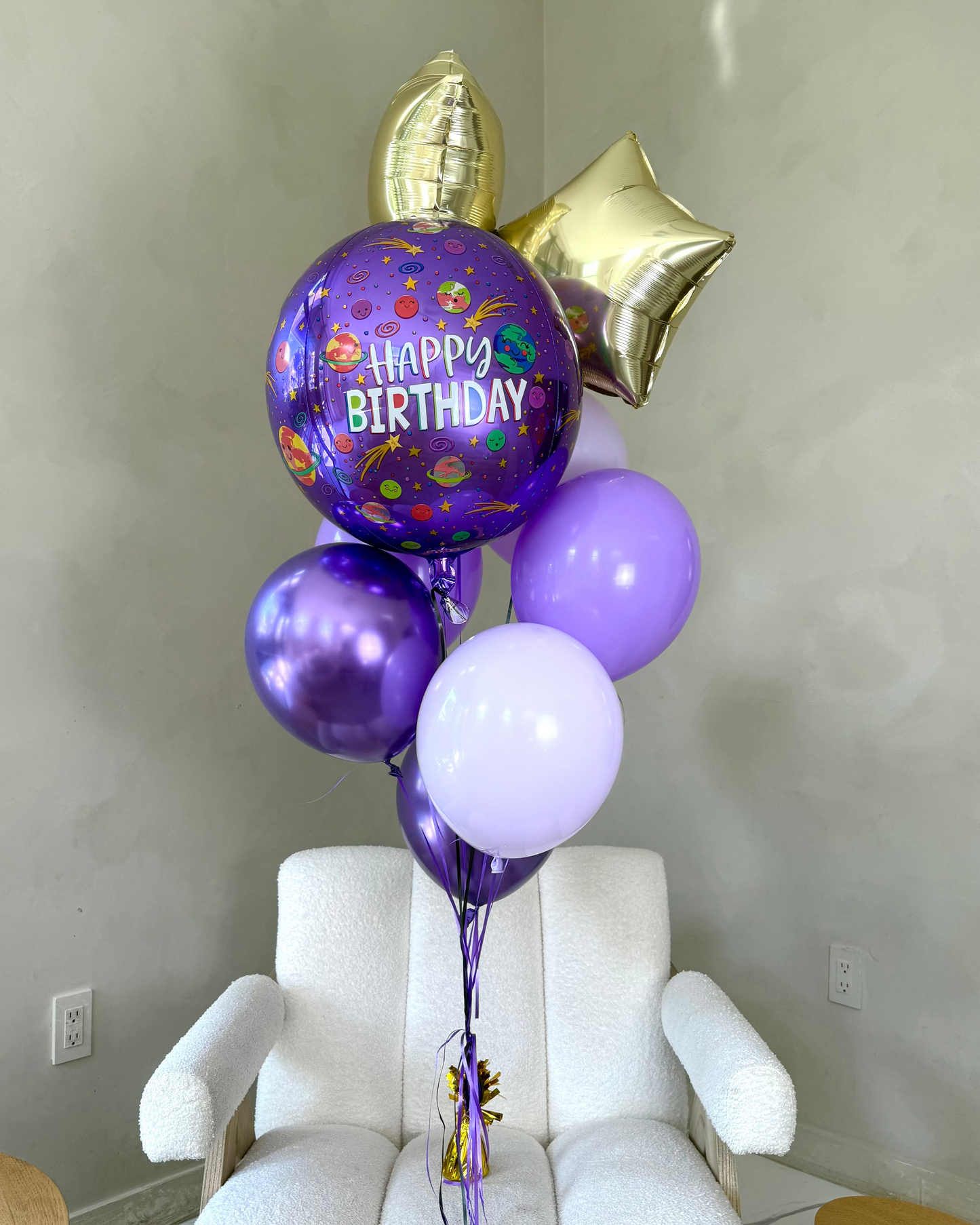 Happy Birthday Giant 24" Purple Orbz and Gold Stars Helium Balloon Bouquet With Weight