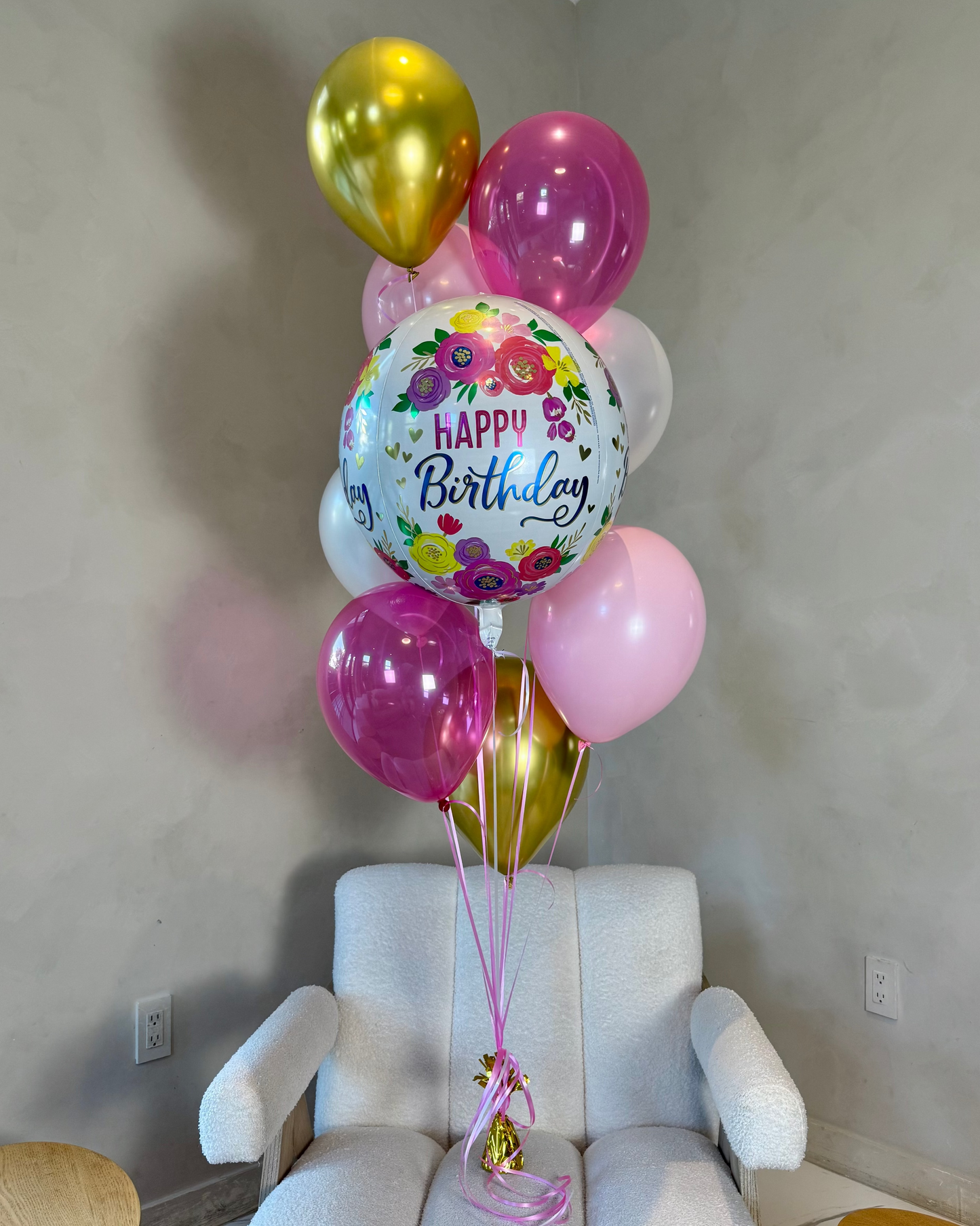 Floral Happy Birthday Orbz Pink White and Gold Helium Balloon Bouquet With Weight