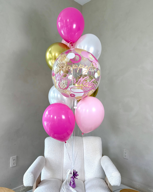 Pink Gold And White Happy Birthday Bubble Balloon Helium Bouquet With Weight
