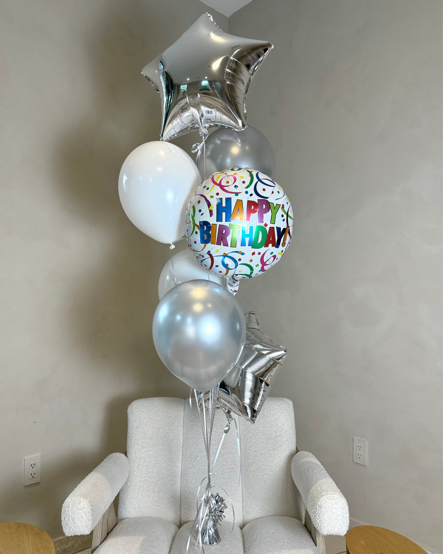 Happy Birthday White And Silver Stars Helium Balloon Bouquet With Weight