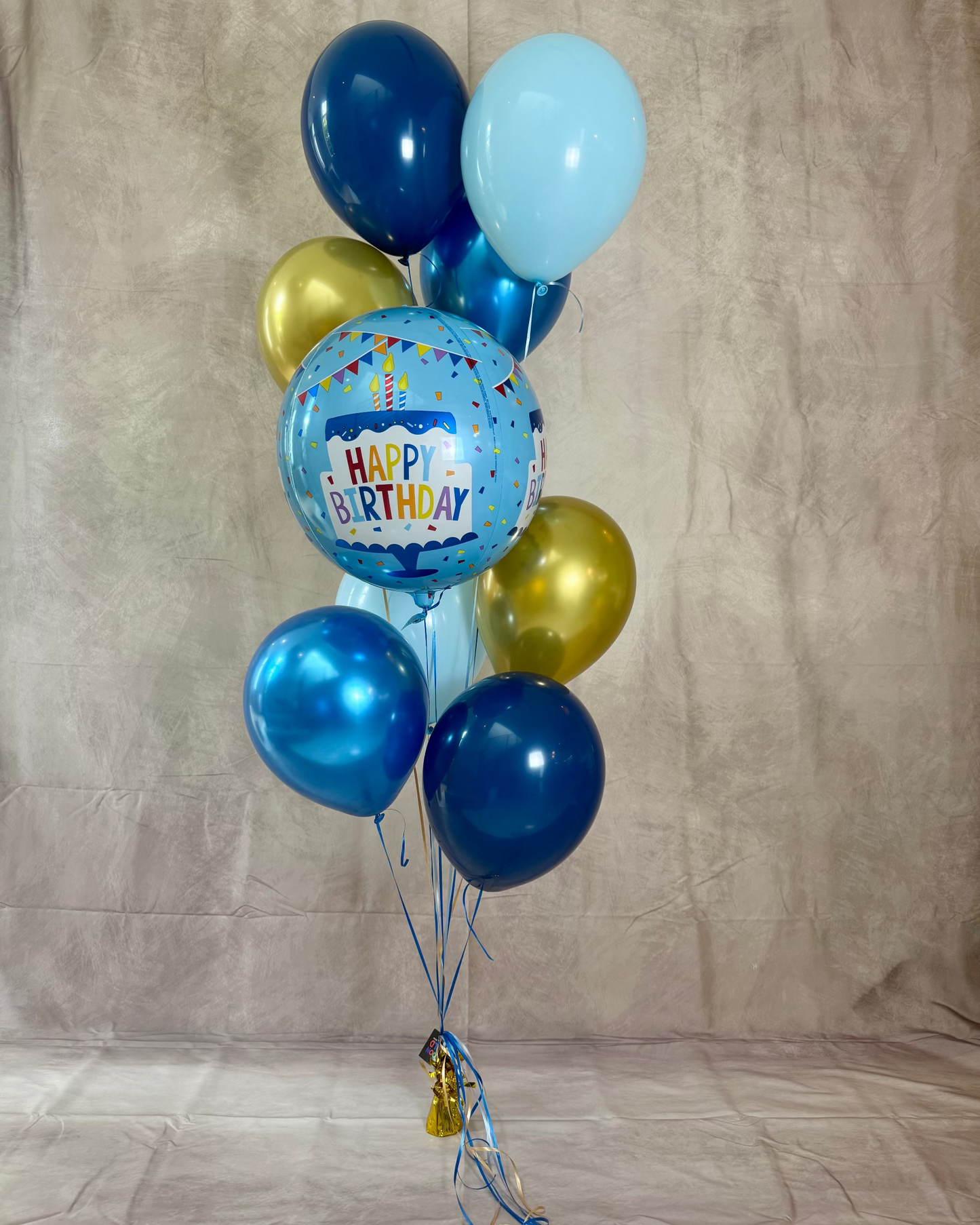 Blue and Gold Happy Birthday 8 Helium Balloon Bouquet With Weight