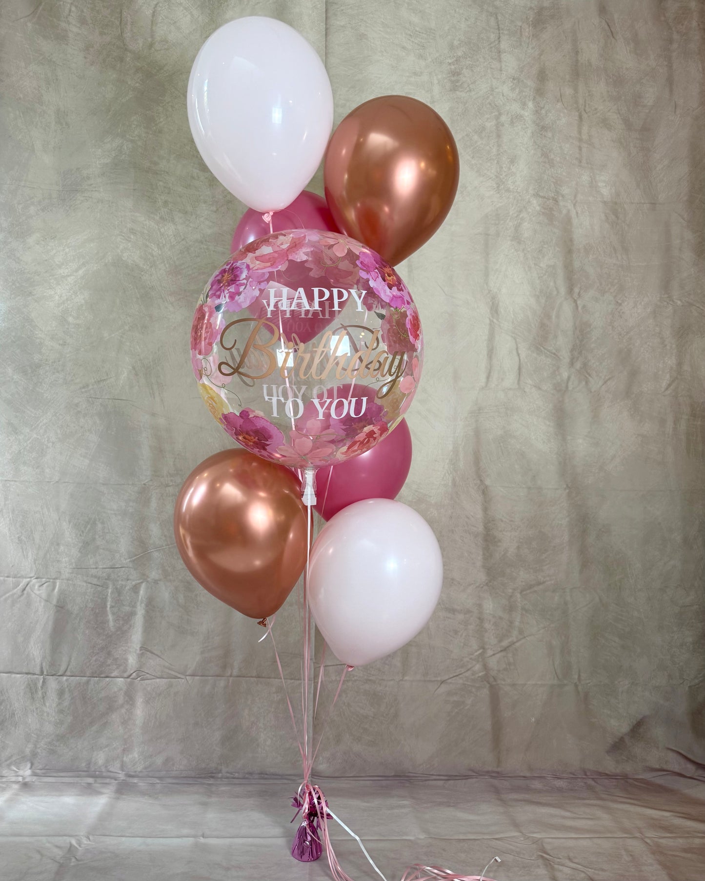Floral Blush And Rose Gold Happy Birthday Bubble Balloon Bouquet With Weight