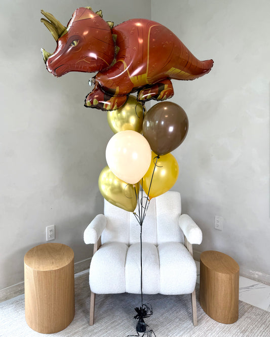 Triceratops Giant Dinosaur With 5 Gold Brown and Beige Helium Balloons Bouquet