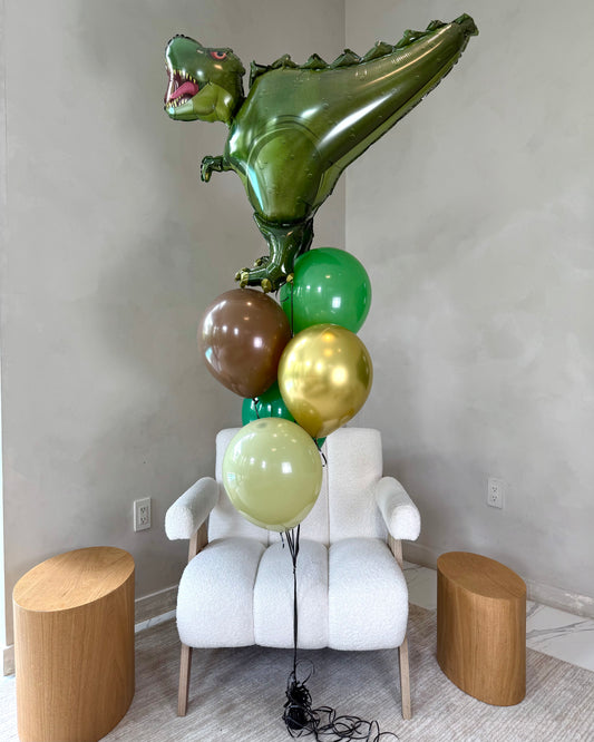 T-Rex Giant Dinosaur With 5 Green and Gold Helium Balloons Bouquet