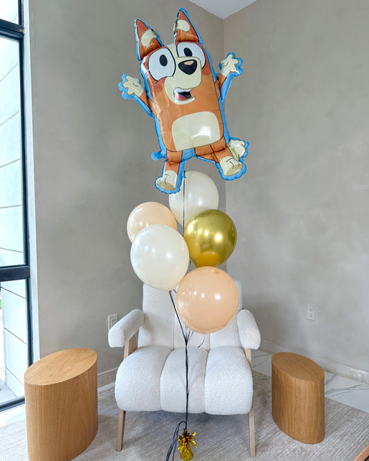 Giant 34" Bingo From Bluey Foil Balloon With 5 Nude Gold and Beige Helium Balloons Bouquet