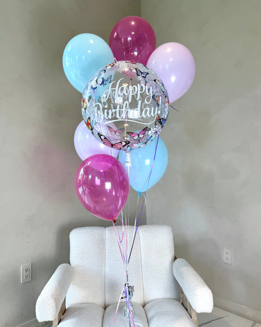Baby Blue Pink And Purple Butterfly Happy Birthday 6 Balloon Bouquet With Helium