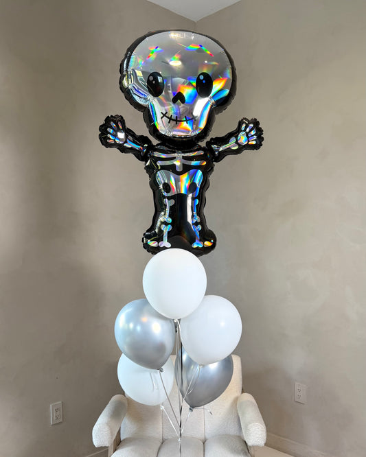 Giant Iridescent Skeleton Halloween Balloon Bouquet With 6 Balloon Bouquet With Weight