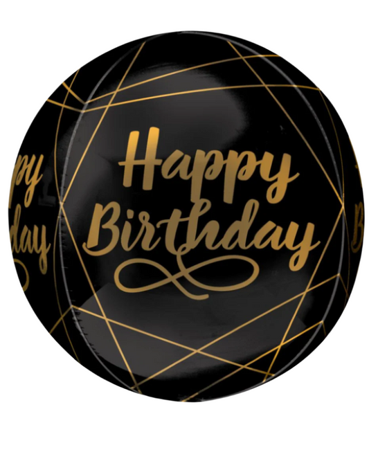 Giant Orbz Happy Birthday 24" Black and Gold Foil Balloon With Helium