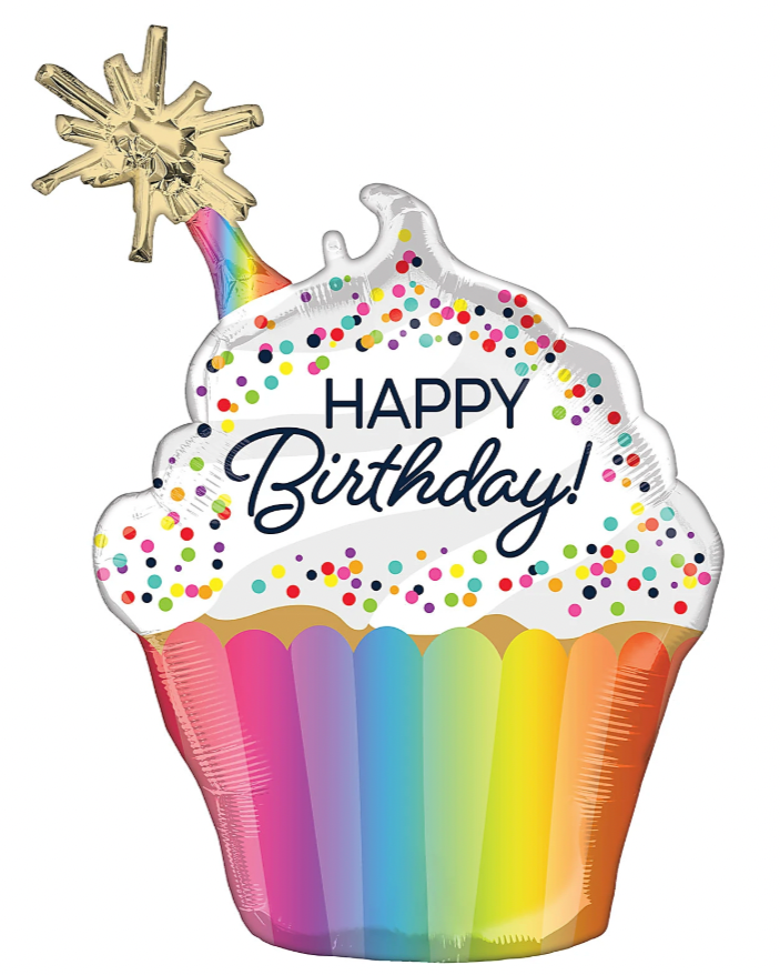 Multicolor Rainbow Cupcake Happy Birthday Balloon With Helium