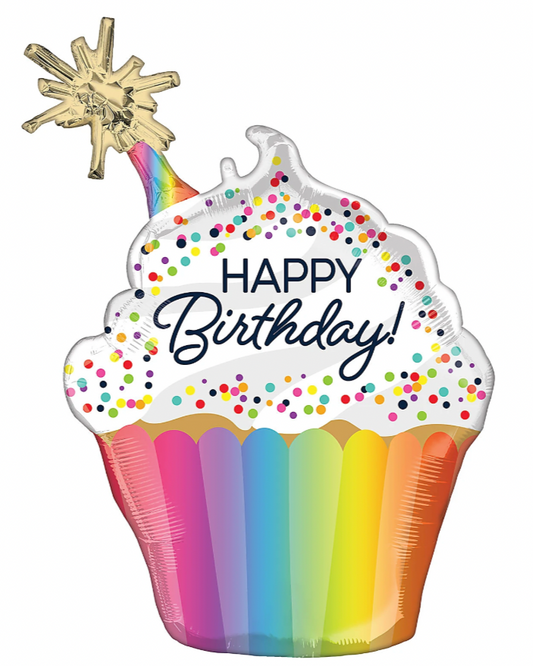 Giant 31" Multicolor Rainbow Cupcake Happy Birthday Balloon With Helium