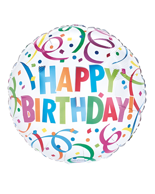 White and Multicolor Happy Birthday 18" Foil Ribbon Balloon With Helium