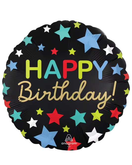 Satin Happy Birthday Navy Blue Stars 18" Balloon With Helium