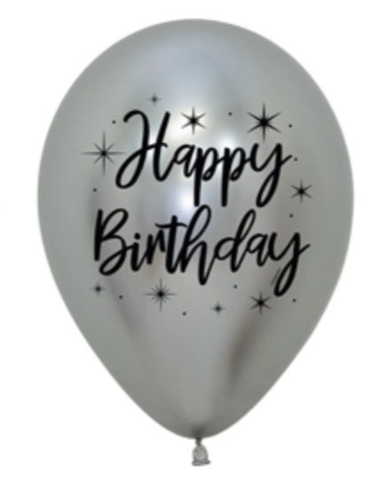 Metallic Silver Happy Birthday Printed 12" Latex Balloon With Helium