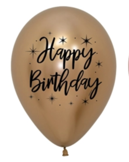 Metallic Gold Happy Birthday Printed 12" Latex Balloon With Helium