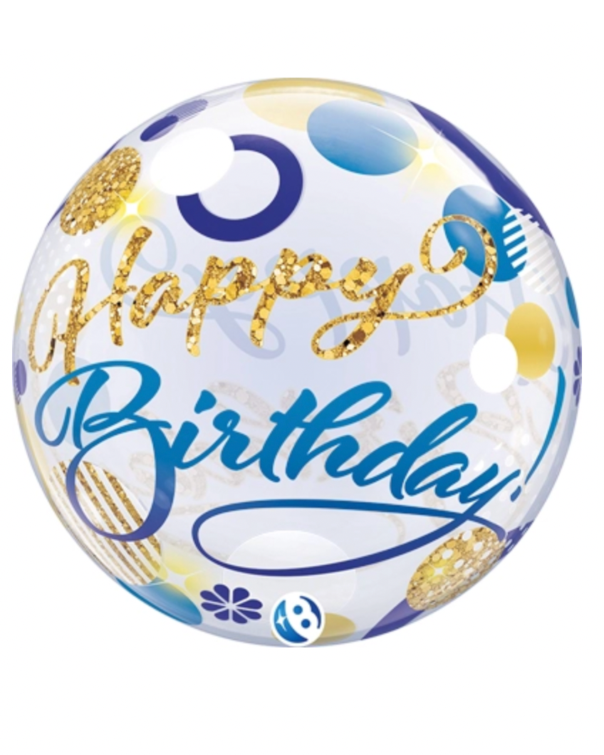Giant 24" Blue and Gold Happy Birthday Bubble Balloon With Helium