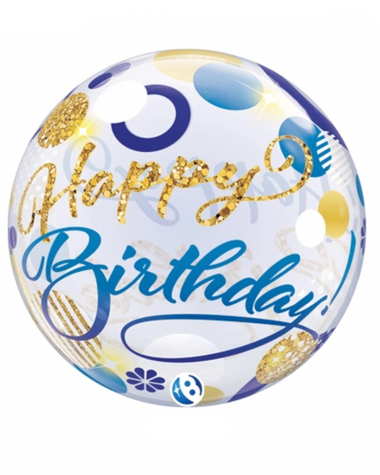 Giant 24" Blue and Gold Happy Birthday Bubble Balloon With Helium