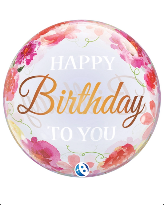 Giant Happy Birthday 24" Clear Bubble Floral Balloon With Helium
