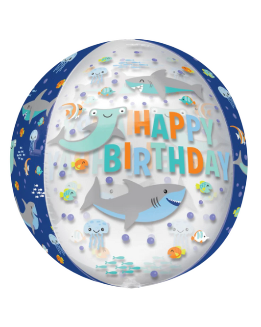 Happy Birthday 24" Shark Aquarium Blue and Clear Foil Balloon With Helium