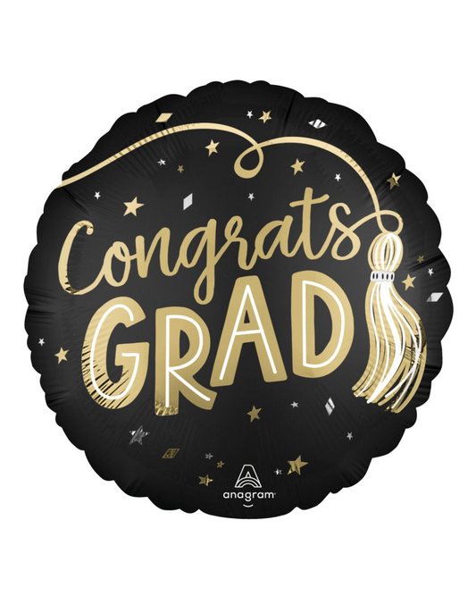 18" Satin Congrats Grad Black Balloon With Helium