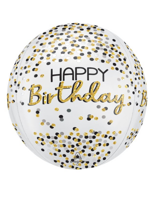 White And Gold Confetti Happy Birthday 24" Balloon With Helium