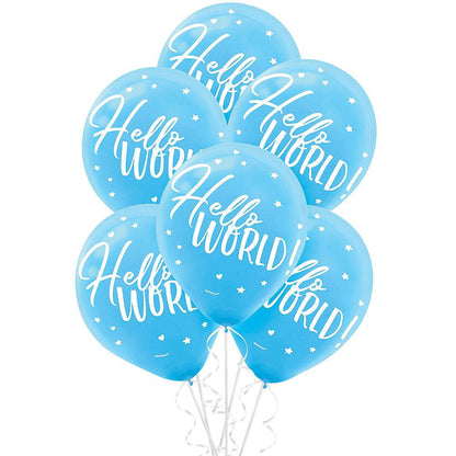 Hello World It's A Boy Welcome Baby Shower Blue 12" Latex Balloon With Helium