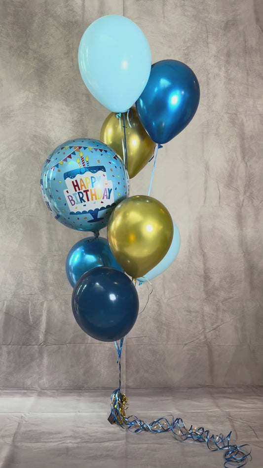 Blue and Gold Happy Birthday 8 Helium Balloon Bouquet With Weight