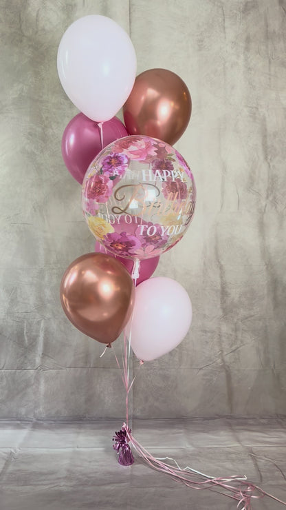 Floral Blush And Rose Gold Happy Birthday Bubble Balloon Bouquet With Weight
